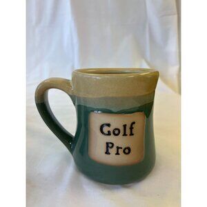Handcrafted Ceramic Mug With "Golf Pro" Text - Green & Beige 4.5" Tall